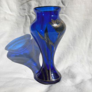 1 Art Nouveau 8 " High Blue Glass Vase With Floral Silver Overlay