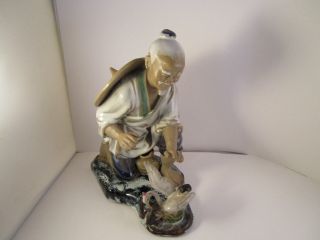 Vintage Asian Chinese Mudman Man & Swan Stork Art Pottery Figure Figurine