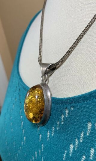 Vintage Amber Pendant On Sterling Silver Box Chain Necklace 18” Long
