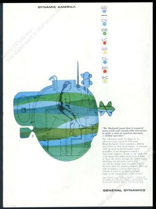1958 David Bushnell Turtle Submarine Erik Nitsche Art General Dynamics Print Ad