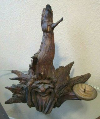 Rare Vintage German Hand Carved Wood Gnome Elf Face Black Forest Candle Holder