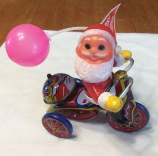 Vtg Korea Tin Toy - Mtu,  Santa Claus W/tricycle Mechanical Wind Up Toy W/ Bell