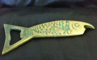 Collectible Solid Brass Bottle Opener In The Shape Of A Fish; Folding Corkscrew