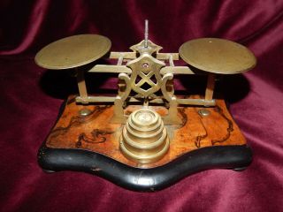 Antique Victorian Brass Postal Letter Scales On Wooden Base With Brass Weights