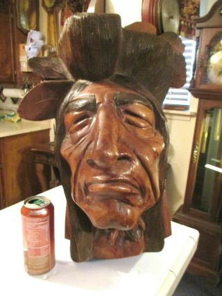 Antique / Vintage Hand Carved Wood Indian Head Bust Statue Plaque