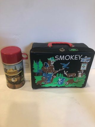 Vintage 1965 Smokey Bear Black Vinyl Lunch Box With Thermos Very Rare