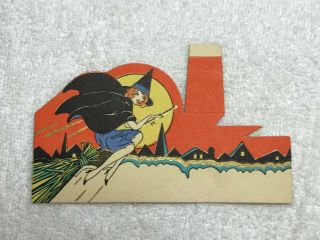 Rare 1930s Rust Craft Placecard Flying Witch Moon Vintage Halloween 4.  5 "