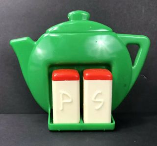 Vintage Superlon Products - Red/white Salt & Pepper Shakers Green Teapot Caddy