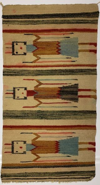 Antique/vintage Native American Navajo Yei Woven Rug W/three Yei Figures As - Is