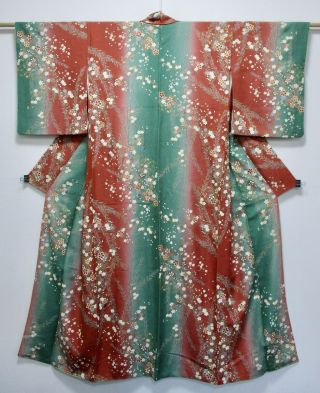 Japanese Silk Kimono / Sakura / Green & Brown / Cherry Blossom /silk Fabric/977