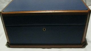 Vintage Mark Cross Jewelry Box Blue Leather/walnut 13 1/2 10 1/2 6 1/2 "