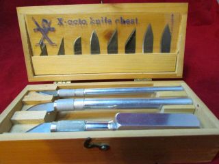 Vintage X - Acto Knife Kit In Wood Box W/ Extra Blades 3 Knives Crafting