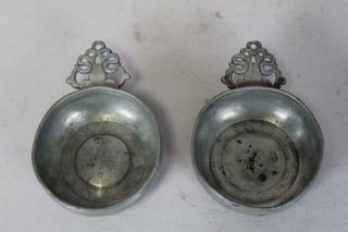Matched 18th C Pewter Porringers Fully Developed Heart Cut Handles