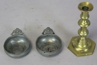 MATCHED 18TH C PEWTER PORRINGERS FULLY DEVELOPED HEART CUT HANDLES 2