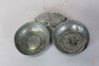 MATCHED 18TH C PEWTER PORRINGERS FULLY DEVELOPED HEART CUT HANDLES 3