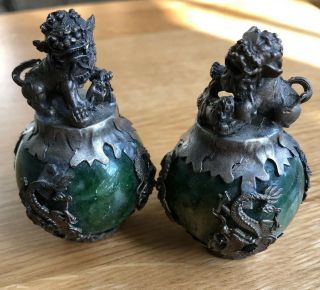 Vintage Chinese Green Jade Tibetan Silver Lion Ball Statues