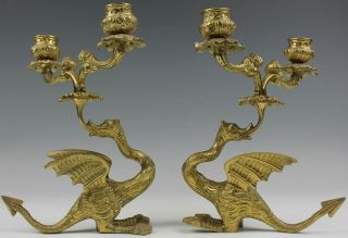 Pair Antique Style Italian Cast Brass Dragon Base Double Candle Holders Nr Sms