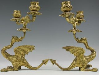 Pair Antique Style Italian Cast Brass Dragon Base Double Candle Holders NR SMS 2