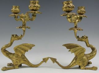 Pair Antique Style Italian Cast Brass Dragon Base Double Candle Holders NR SMS 3
