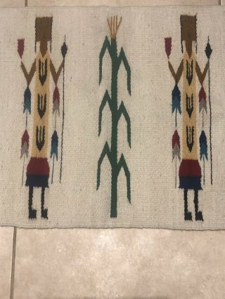 Vintage Wool Woven Native American Indian Yei Rug Corn Weaving 39 3/4 X 20 1/2” 3