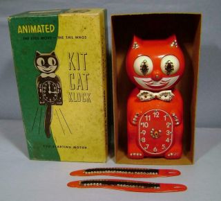 Rare Vintage Kit Cat Clock - Red Jeweled Kit Cat Klock Company,  Box