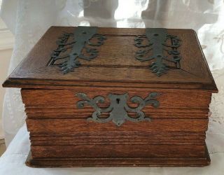Antique Quarter Sawn Oak Intricate Metalwork Deed Wood Box