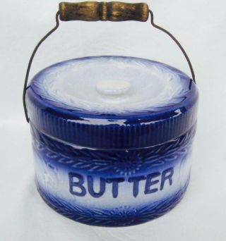 Vintage Stoneware Butter Crock W/lid & Handle Blue White Glazed Cow Leaves 5 " X7 "