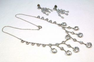Antique Art Deco Sterling Open Back Crystal Chain Necklace & Earring Set