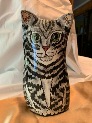 2001 Ceramic Tabby Cat Vase By Nina Lyman - Signed (euc)