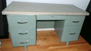 Vintage Metal Desk Blue - Green Mid - Century Office Industrial Tanker 50 " X24 " X30 "