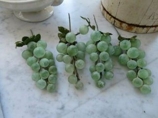 4 Bunches Gorgeous Old Vintage Glass Grapes On Stems Leaves Light Green
