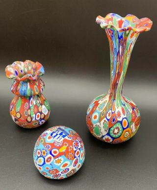 3 Vintage Murano Millefiori Paperweight Vases By Kb Italy Art Glass Mcm Retro
