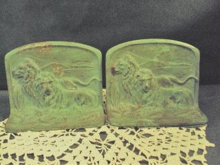 Antique Bookends Cast Iron Green Painted Lions Marked 21 Arts & Crafts