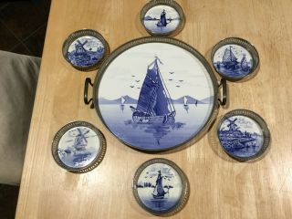 Antique Germany Delft 2 Handle Porcelain Tray & 6 Coasters Blue & White - Ships