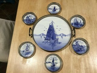 ANTIQUE GERMANY DELFT 2 HANDLE PORCELAIN TRAY & 6 COASTERS BLUE & WHITE - SHIPS 2