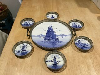 ANTIQUE GERMANY DELFT 2 HANDLE PORCELAIN TRAY & 6 COASTERS BLUE & WHITE - SHIPS 3