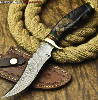 L.  Raymond Studio Custom Hand Forged Damascus Steel Hunting Knife | Ram Horn