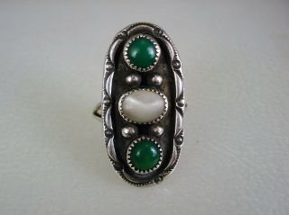 Old Navajo Stamped Sterling Silver & 2 Turquoise,  Mop Ring Sz 6.  25 Signed Rp