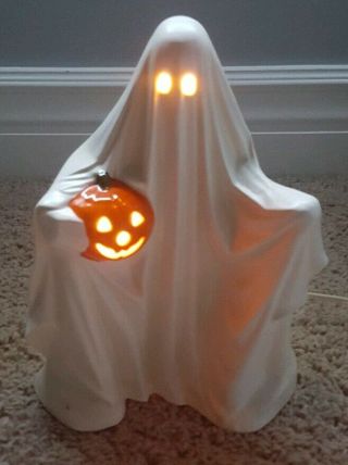 Vintage Ceramic Ghost W Jack - O - Lantern Jol Halloween Light Up Pumpkin Decoration