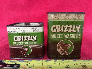 Vintage Grizzly Faucet Washer Advertising Tin Can Sign W/ Bear Graphics