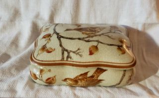 Vintage Large Amita Porcelain Trinket Jewelry Box With Gold - Tone Birds