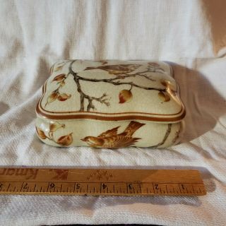 Vintage Large Amita Porcelain Trinket Jewelry Box with Gold - Tone Birds 2