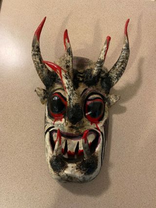 White Devil Mask / El Diablo Hand Carved & Painted Wood Mexican Folk Art Bloody