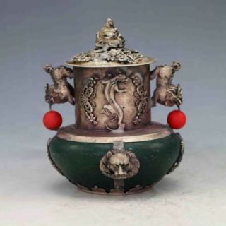 Old Chinese Green Jade Inlaid Tibetan Silver Copper &buddha Lid Incense Burner