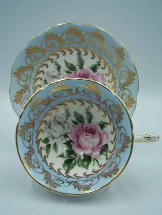 Foley Cup Saucer Baby Blue Color With Large Pink Cabbage Rose And Gold Trim