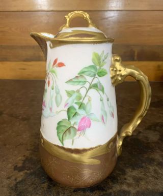 Antique 1891 Porcelain China Hand Painted Floral Gold Chocolate Pot Signed Ldm
