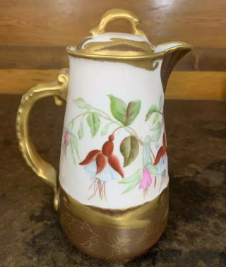 Antique 1891 Porcelain China Hand Painted Floral Gold Chocolate Pot Signed LDM 2