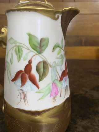 Antique 1891 Porcelain China Hand Painted Floral Gold Chocolate Pot Signed LDM 3