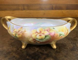 Antique Porcelain China Gold Floral Butterflies Bee Footed Serving Bowl Dish
