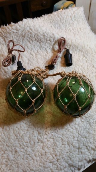 Two 5 " Vintage Lighted Dark Blue Japanese Glass Ball Fishing Float W/ Netting